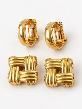 Vintage Gold Tone Clip On Earrings Set – Hoops & Woven Statement